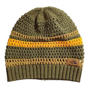 The North Face Crocheted Beanie Green/ Yellow Unisex One Size Cotton / Acrylic